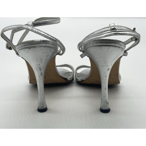 Manolo Blahnik Women’s Heels Sandals Sz 37 US 7 Silver Leather Slingback Wedding - Picture 3 of 5